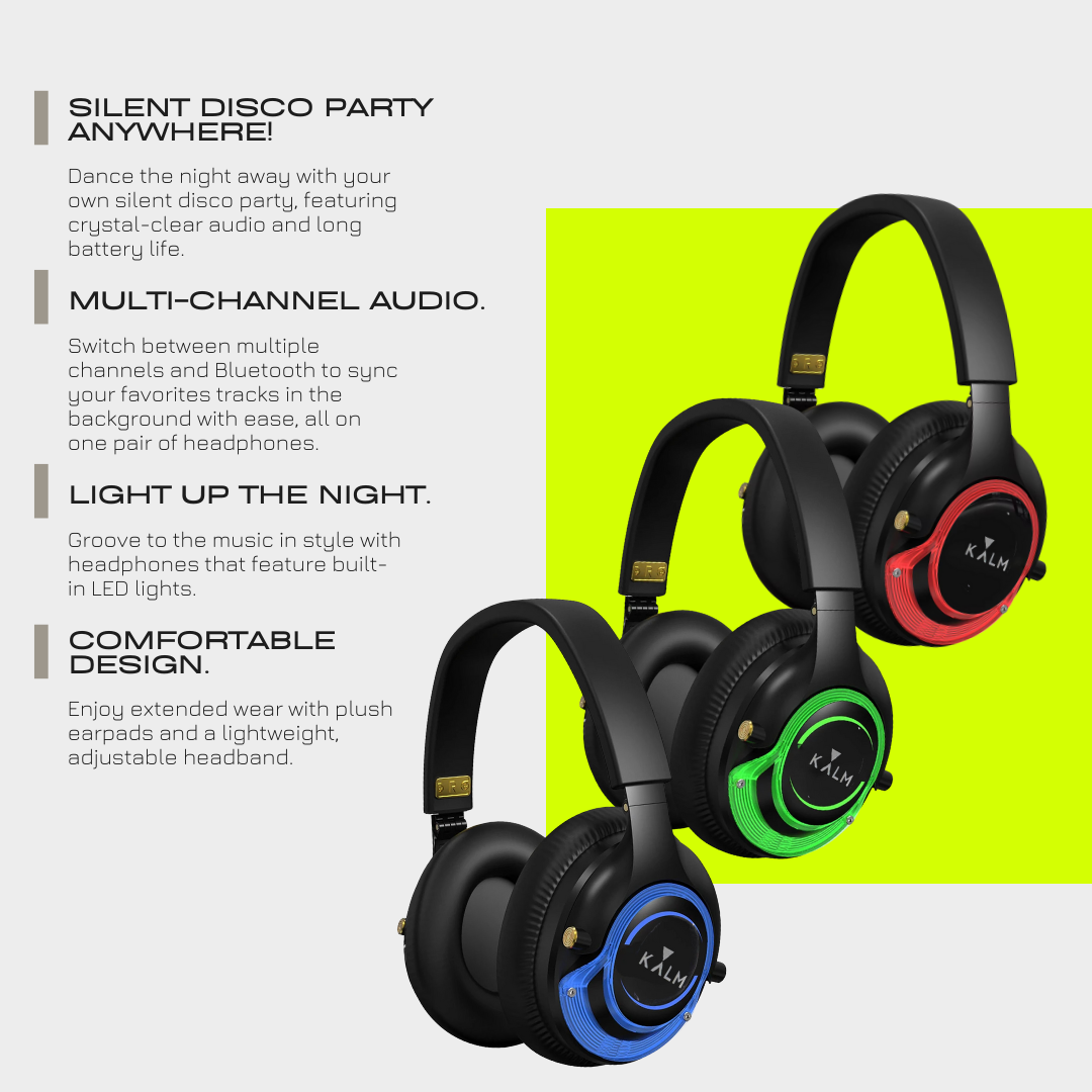Kalm Now HiFi Headphones for Sound OFF Workouts -with RF Transmitter | 3 Channels | Bluetooth Ready | Lightweight Headsets for Noiseless Experiences.